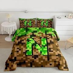 Brown Green Square Grid Bedding Sets King Size,Pixelated Letter N Comforter Set 3Pcs for Kids Girls Boys Women Room Decor,Miners Style Games Quilted Duvet Modern Alphabet Down Comforter,2 Pillowcases