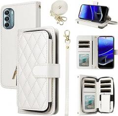 Argyle Wallet Case for Moto G Stylus 2022 4G with Wrist Strap Shoulder Strap 9+ Card Slot Zipper Purse Luxury PU Leather Stand Phone Cover for Motorola GStylus XT2211DL XT2211 Women White