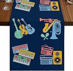 Musical Instruments Table Runner, Guitars Electronic Keyboard Navy Blue Washable Kitchen Dining Table Decoration for Home Dinner Holiday Wedding Party 13x70in