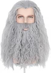 Yan Dream Grey Men Long Curly Hair Wig with Beard, Heat Resistant Synthetic, Classic Style, Adult Men's Cosplay Wig