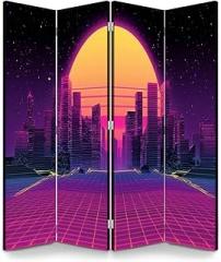 4 Panels Room Divider Screen Sci fi Night City Skyline Style Retro Waves Wood Folding Privacy Screen Partition Canvas Wall Divider Freestanding Portable Indoor Separator