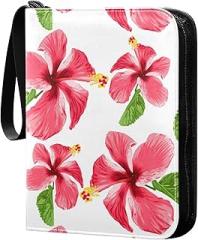 Floral-pattern-hibiscus-print 400 Pocket Card Collection Binder, PU Waterproof Wear-resistant Trading Card Binder with Zip for Collectible Boys Girls Game Sports Cards MTG TCG