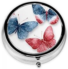 Red White and Blue Butterflies Round Pill Case, Portable Pill Box for Pocket Metal Medicine Vitamin Organizer 3 Compartment Three Times A Day