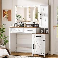 Vanity Desk with LED Mirror, Charging Ports, Dressing Table with 3 Drawers & Jewelry Storage, 2 Transparent Storage Boxes, 3 Adjustable Light Colors, Makeup Vanity, White