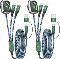 Travel Essentials, Multi Charging Cable for Apple Watch Charger, USBC Cable for iWatch/iPhone 17 Charger, Airplane Gadgets Gift Ideas USB C Cord Compatible with iWatch 11/iPhone 17/Galaxy/Car-5F 2PCS