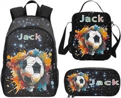 Queyeauc Custom Backpack for Boy Girl Personalized Name Text School Book Bags Football Backpack with Lunch Box and Pencil Case Customized Backpack Set for Girls Boys Kids Child Back to School Gifts