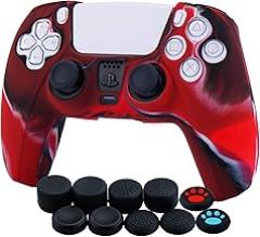 Silicone Cover Skin Case for PS5 Controller x 1(Camouflage Red) with Thumb Grips x 10