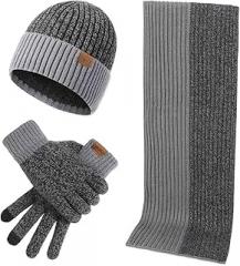 LumiSyne Winter 3 in 1 Set Two-Color Jacquard Touch Screen Gloves Knitted Beanie Hat Long Scarf for Men Women Soft Wool