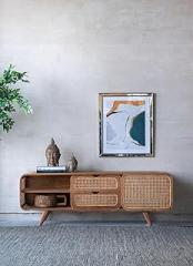 Teak TV Stand Media Cabinet with Cable Cutouts - Storage Shelves for Electronics Entertainment