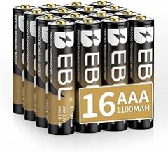 EBL Gold Pro Rechargeable AAA Batteries 1.2V 1100mAh NIMH Battery Upgraded High Performance AAA Batteries Precharged Triple A Battery - 16 Packs
