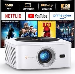Smart 4K Decoding Projector Compatible with Netflix, 1500 ANSI Projector with WiFi and Bluetooth, Outdoor Movie Projector, Auto Focus, Dolby Sound, Built-in Apps,Portable Home Theater for Phone/PC/PS5