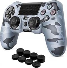 TNP for PS4 Controller Skin Cover Case - Camo Protective Soft Silicone Gel Rubber Shell & Anti-Slip Thumb Grip Caps Compatible with PlayStation Slim/Pro Controller (Camo Gray)