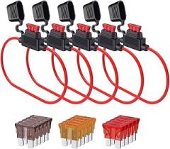 18 AWG Inline Fuse Holder - 5 Pack Waterproof Fuse Holders with 15 Pcs ATC/ATO Blade Fuses (5A, 7.5A, 10A) for Automotive, Marine, RVs, and Household Electronics by SIM&NAT