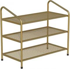 Shoe Rack for Entryway 3 Tier Metal Steel Mesh Shoe Rack Multi-Functional Storage Organiser Shelves Hold Clothes Towels Electronics and More Shoe Shelf Organizer (Color : Gold)