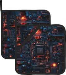 Bright Light on Electronic Board Printing Square Insulated Pot Mat 2 Pieces Featuring a Convenient Side Hanging Rope for Easy Storage