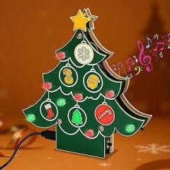 ICSTATION DIY Musical Christmas Tree Soldering Kit with 3 Light Modes Xmas Tree Soldering Project Glowing Christmas Elements Educational Electronics Project for Learning & Holiday Desktop Decoration