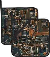 Circuits on Electronic Boards Printing Square Insulated Pot Mat 2 Pieces Featuring a Convenient Side Hanging Rope for Easy Storage