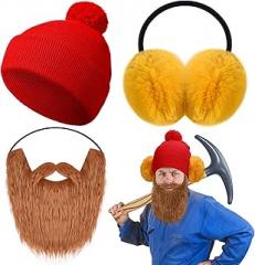 GANSHAYA 3 Pcs Halloween Prospector Costume Include Beanie Hat,Yellow Beard and Earmuffs for Men Women Christmas Character Cosplay