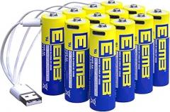 EEMB AA Batteries 12Pack 1.5V AA Rechargeable Batteries Lithium Batteries AA USB 4-in-1 USB Type-C Charging Cable Replacement Battery 2600mWh for Flashlight
