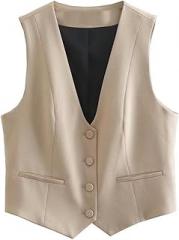 LKSHXBCR Women' V-Neck Sleeveless Vest High-Waisted Wide-Leg Nine-Point Pants Suit - Khaki - Size(Khaki Vest,XS)
