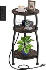 Round Side Table with Power Outlet & USB Ports, 3-Tier End Table with Storage Shelf, Modern Rustic Nightstand, Small Spaces Accent Table for Living Room Bedroom, Easy Assembly, Oak Dark