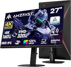 Amzfast 27’‘ 4K Gaming Monitor HDR 400, UHD 160Hz 144Hz | FHD 320Hz 300Hz Dual Mode PC Monitor, Built-in Speakers 1ms Fast IPS, 126% sRGB PIP/PBP, HDMI 2.1 x 2 & DP 1.4 x 2, Height Adjustment, VESA