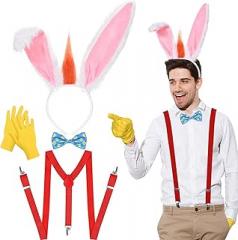GANSHAYA 4 Pcs Halloween Bunny Costume Accessories Rabbit Costume Y Back Suspender Gloves Bow Tie Rabbit Headband for Halloween Adult Man Cosplay Party Dress Up