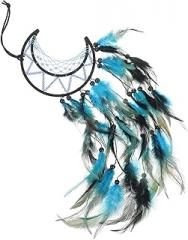 Milisten Moon Dream Catcher Wall Hanging Home Pendant with Black Blue Cotton Rope and Decorative Plumes, Handmade Boho Home Decor Accent for Bedroom and Living Room