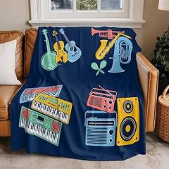 Musical Instruments Soft Throw Blanket Printed Flannel Fleece Throw Blankets for Couch Bed Sofa Travel Guitars Electronic Keyboard Navy Blue Cozy Fluffy Blanket for Adults Women 30