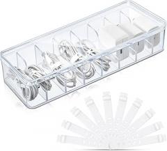 Tatuo 1 Pcs Cable Organizer Box with Wire Ties, Plastic Cord Storage Box with Lid, Electronics Organizer for Home Office Desk Organizers and Accessories (Clear)