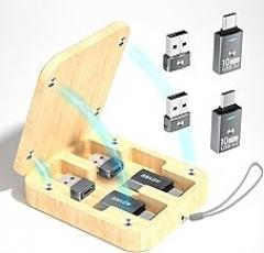 AGVEE Magnetic Bidirectional USB to USB-C Adapter with Effortless Bamboo Storage Box, Quick Access USBC Type C Converter, Office Organization Dark Gray