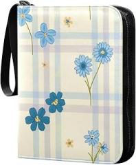 400 Pocket Zipper Binder - Premium Pu Cover Zip Binder For Trading Cards, Mtg, Tcg, Sports Cards Blue Flowers on Plaid Pattern
