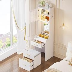 Lvifur 3-in-1 Small Vanity Desk with Mirror and Lights,Tall Makeup Vanity Set with Hidden Stool & Flip-up Mirror, Compact Make Up Vanity and Desk Combo for Small Room (White)