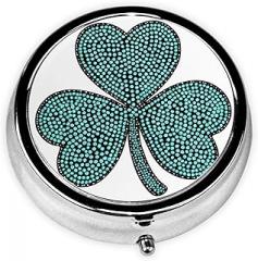 Green Clover in Turquoise Gems Country Western Round Pill Case, Portable Pill Box for Pocket Metal Medicine Vitamin Organizer 3 Compartment Three Times A Day