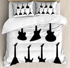 Ambesonne Rock Music Duvet Cover Set, Various Guitar Silhouettes Acoustic Electronic Bass Abstract String Instruments, Decorative 3 Piece Bedding Set with 2 Pillow Shams, California King, Black White