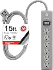 GE Surge Protector Power Strip, 15 Ft Extension Cord, 6 Outlet Extender, 800 Joules, Flat Plug, Twist-to-Close Safety Covers, UL Listed, Gray, 62457
