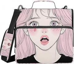 Anime Woman Cute Zipper Binder with Handle - 1.5” D-Rings, 500 Sheet Capacity, Multiple Pockets Organizer for Office, Compatible with 13” Laptop Tablet