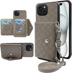 Compatible with 15 6.1 inch Wallet Case with Crossbody Shoulder Strap and Stand Leather Credit Card Holder Cell Accessories Phone Cover for iPhone15 5G i i-Phone i15 15Case Women Grey