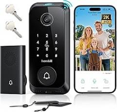 Video Smart Lock with Camera: 4-in-1 Ring+2K Camera+Doorbell+Fingerprint Hornbill Keyless Entry Door Lock, Built-in WiFi Deadbolt(only 2.4G), Two-Way Audio/App Remote Control/PIR, No Monthly Fee