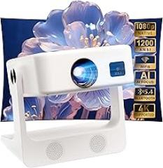 [Built-in Apps/Native 1080P] D1 Portable Projector with WiFi and Bluetooth, Support 4K Outdoor Smart Movie Projector with 180° Stand, Electronic Focus, Compatible with TV Stick/Smartphone (White)