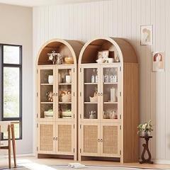 Arched Bookcase with Glass Doors and Rattan Storage, 71