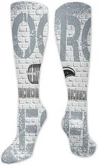 GULTMEE Rock Music Fashion Compression Socks,Grunge Color Splashed Brick Wall Background Electronic Guitar Performance Polyester Cushioned Athletic Crew Socks for Running,Athletic,Blue Grey Black- 19.8 inch