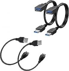 SaiTech IT 2 Pack 20 cm USB 3.0 Cable A to Micro B Cable for Portable External Hard Drive Bundle with 2 Pack USB 3.0 Extension A M to F Extender Cable - Black