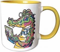 3dRose Funny Cool Alligator Reading with electronic reader Book Graffiti 11oz Two-Tone Yellow Mug