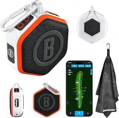 Bushnell Golf Wingman Mini GPS Speaker (Orange/White) | Magnetic Mount, Music & Audible Distances for 38,000+ Courses, Carabiner Clip, Waterproof, 36-Hole Battery, with Signature Series Golf Towel
