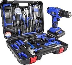 jar-owl 21V Tool Set with Drill, 350 in-lb Torque, 0-1350RMP Variable Speed, 10MM 3/8'' Keyless Chuck, 18+1 Clutch, 1.5Ah Li-Ion Battery & Charger for Home Tool Kit