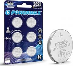 Powermax 6-Count CR2025 Batteries, Lithium 3V Coin Cell Button Battery Pack for Watch and Small Electronics, 5 Year Shelf Life