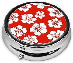 Red and White Hibiscus Flower Round Pill Case, Portable Pill Box for Pocket Metal Medicine Vitamin Organizer 3 Compartment Three Times A Day