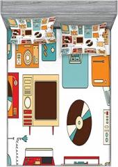 Ambesonne Retro Fitted Sheet & Pillow Sham Set, Vintage Electronics Graphic Telephone Radio Fringe Owen Typewriter Television, Decorative Printed 2 Piece Bedding Decor Set, King, Multicolor