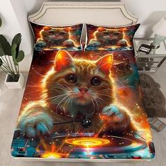 3D Cat Fitted Sheet Twin Size,Electronic Music Theme Bedding Set 2Pcs for Kids Teens Boys Girls Room Decor,Pet Animals Bed Sheets Funny Pop Music Deep Pocket Sheet,1 Pillowcase